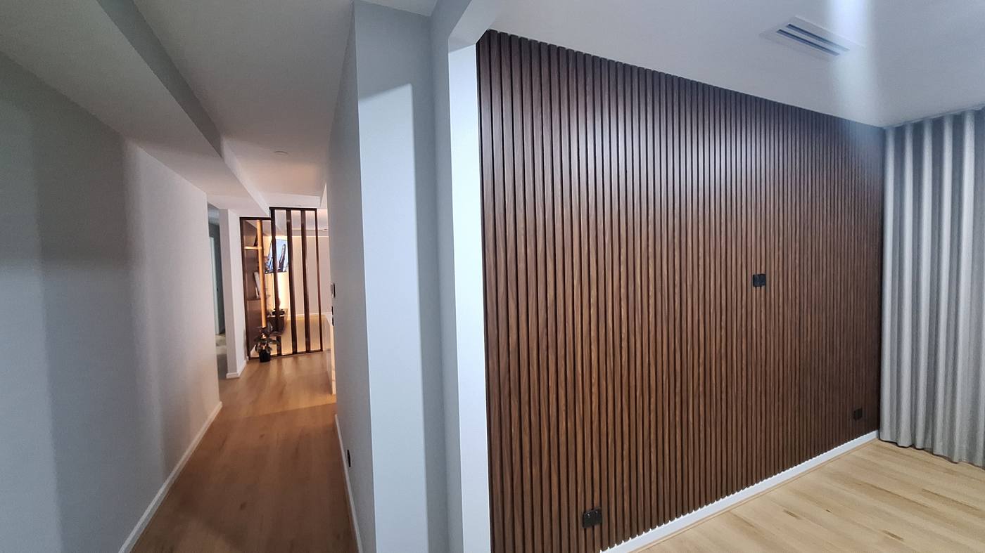 Timber slat feature wall and hallway — custom joinery